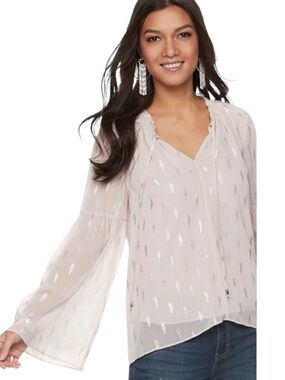 Jennifer Lopez Pale Pink/Silver Tear Drop Print Sheer Tie Neck Shirred Blouse L